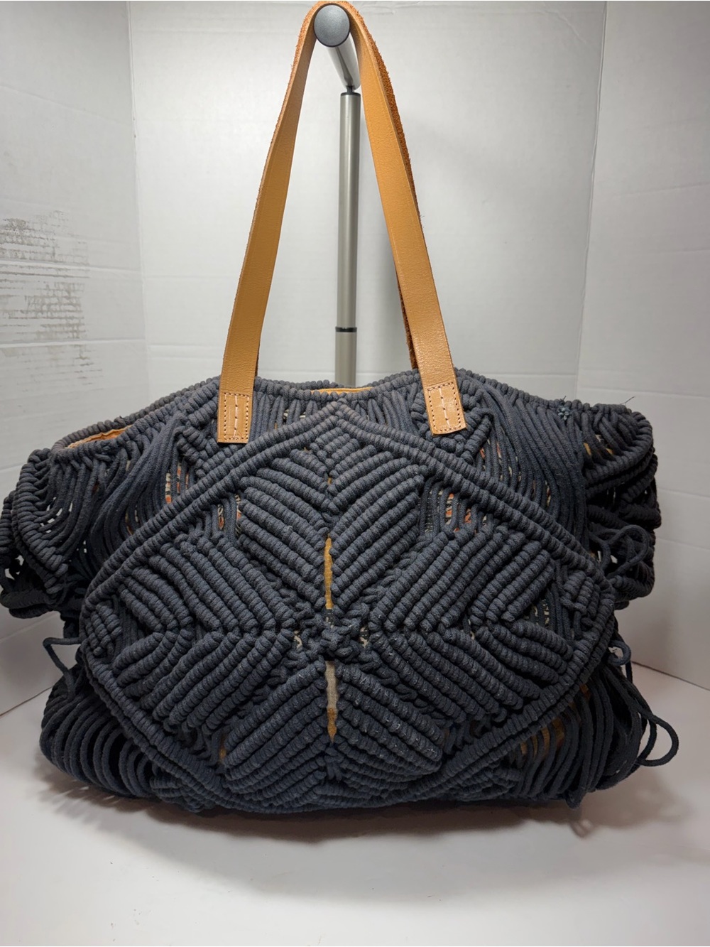 STAR MELA Marga macrame tote oversized cotton shoulder bag navy boho purse
